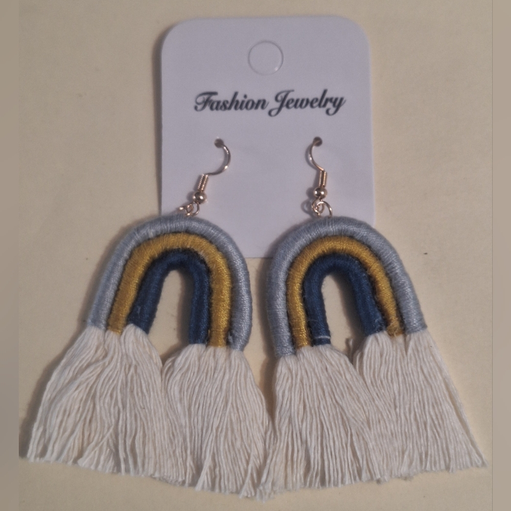 Rainbow; dark blue, chartreuse, light blue & cream Pierced Earrings 3" long NWT